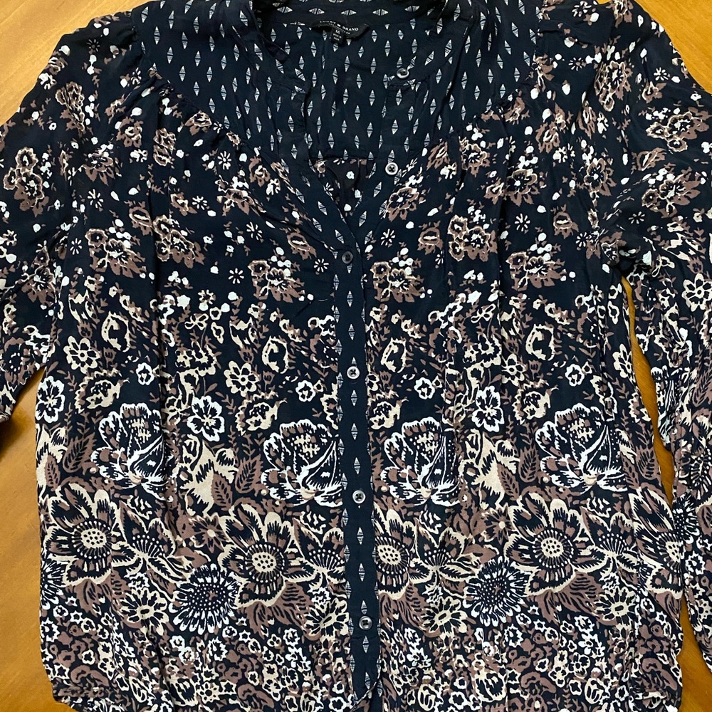 Lucky Brand Floral Patterned Blouse - Navy Blue and Brown